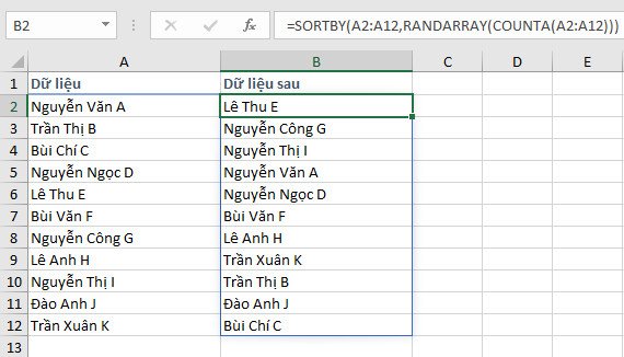 Kết quả xáo trộn tên thành công trong Excel bằng công thức