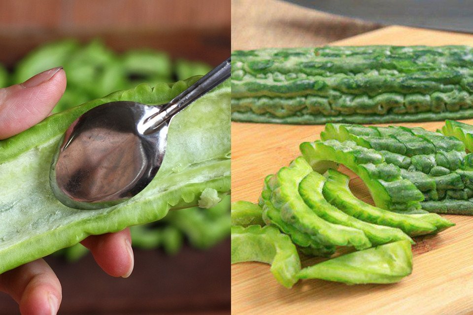 Khổ qua thái lát và trứng gà đánh sẵn chuẩn bị xào