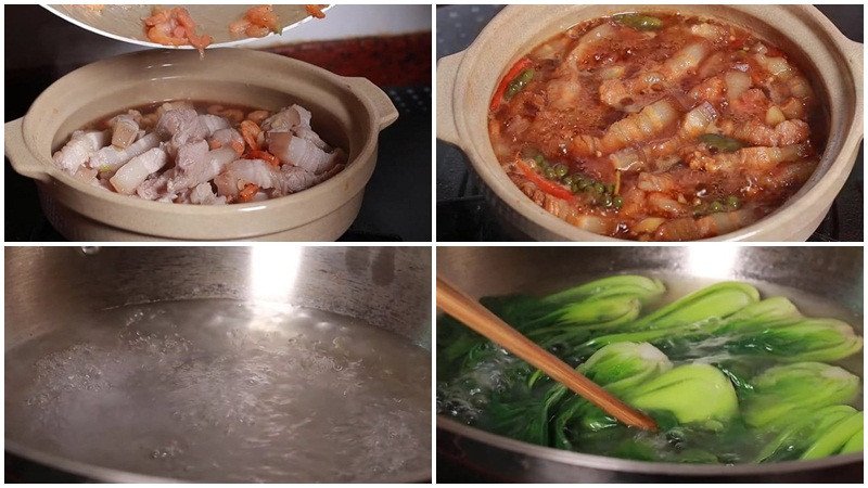 Kho tôm thịt trong nồi đất và luộc rau củ ăn kèm