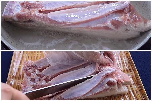 Khứa thịt heo sau khi luộc để ướp và quay lò