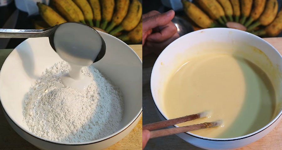 Khuấy đều hỗn hợp bột mì làm bánh chuối chiên