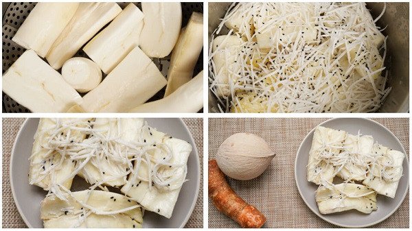 Khuôn bánh sắn cốt dừa đã sẵn sàng để hấp trong xửng, phủ dừa nạo bên trên