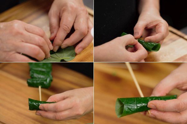 Kỹ thuật cuốn lá lốt để giữ nhân thịt bò chắc chắn khi nướng