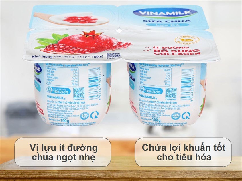 Lốc 4 hộp sữa chua Vinamilk lựu đỏ ít đường 100g