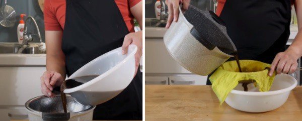 Lọc nước cốt sương sáo đen qua rây hoặc vải để loại bỏ cặn bã