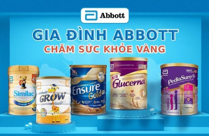 Logo Abbott và các sản phẩm dinh dưỡng, nhấn mạnh đa dạng dòng sữa Ensure Gold với nhiều mức năng lượng phù hợp mọi đối đối tượng người lớn