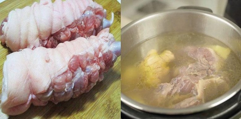 Luộc thịt bò và giò heo để có nước dùng thơm ngon cho món bún bò.