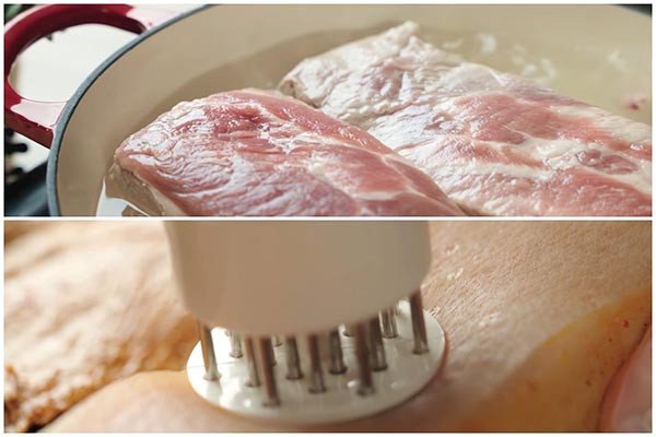 Luộc và xăm da heo để làm giòn bì