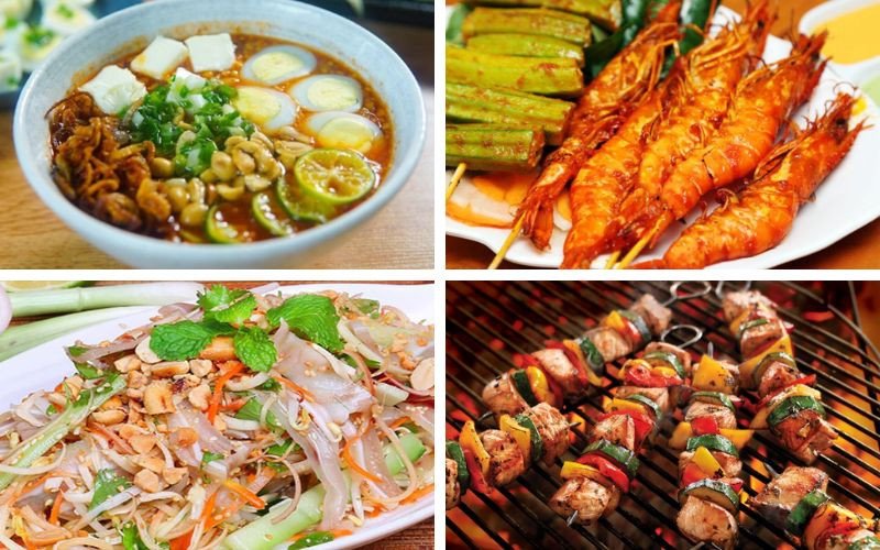 Mâm bánh tráng trộn và hải sản chấm sốt tắc đậm đà