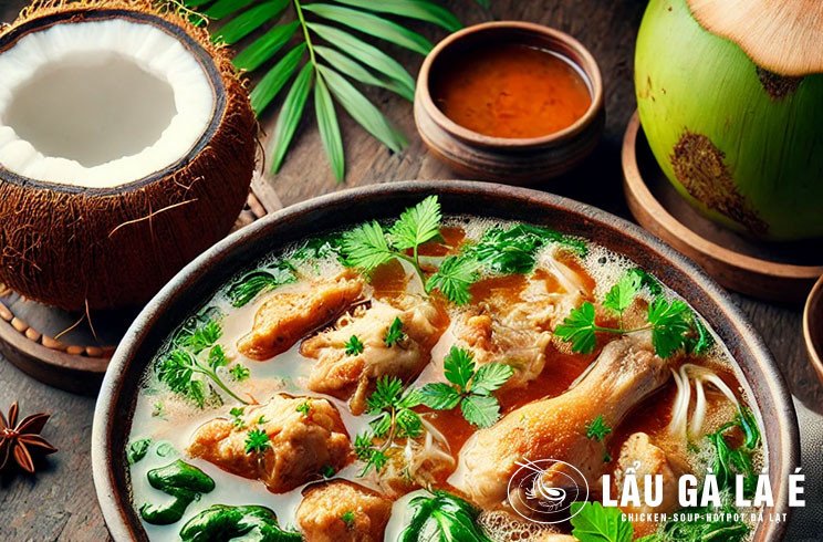 Mâm lẩu gà lá é nước dừa đầy đủ