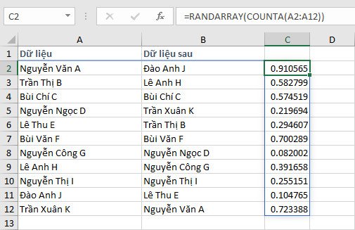 Mảng số ngẫu nhiên được tạo ra bởi hàm RANDARRAY trong Excel