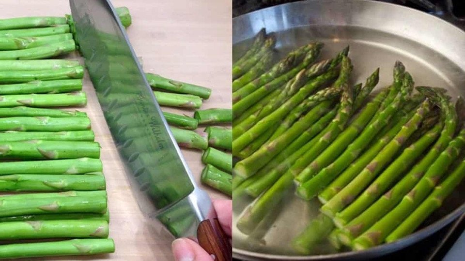 Măng tây được sơ chế, rửa sạch và cắt khúc