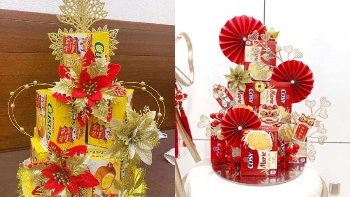 Mẫu tháp bánh Tết đơn giản với ruy băng