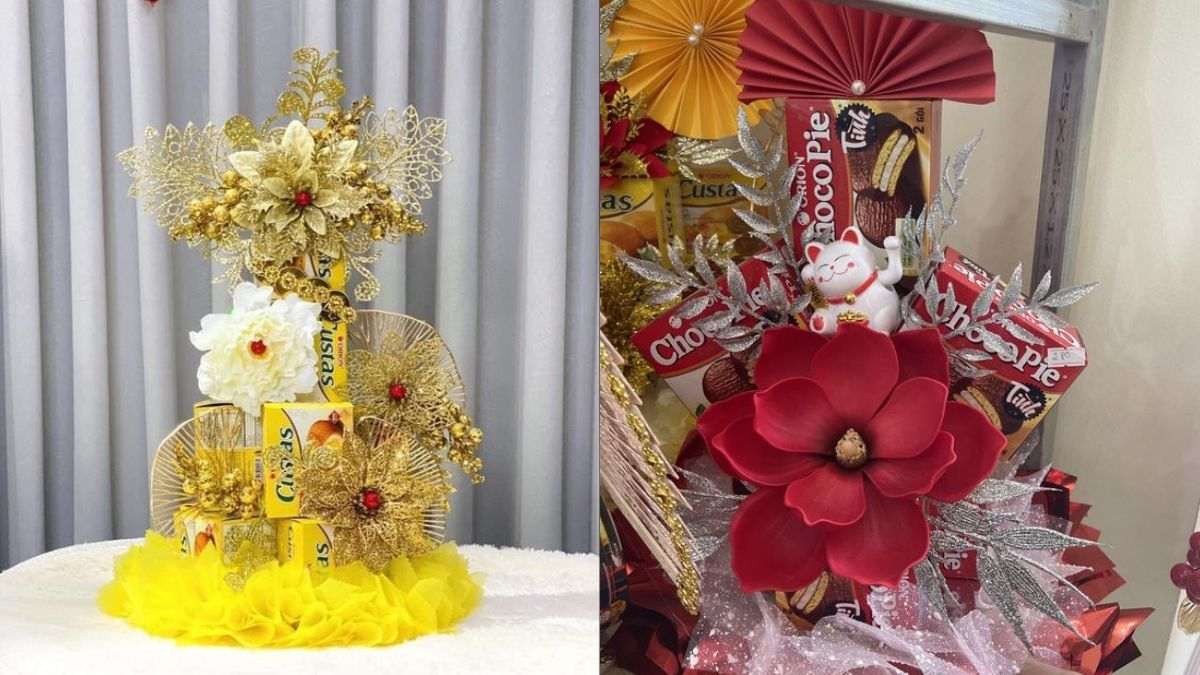 Mẫu tháp bánh Tết với phụ kiện may mắn