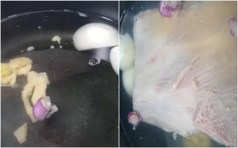 Miếng thịt heo đang được luộc trong nồi nước có gia vị