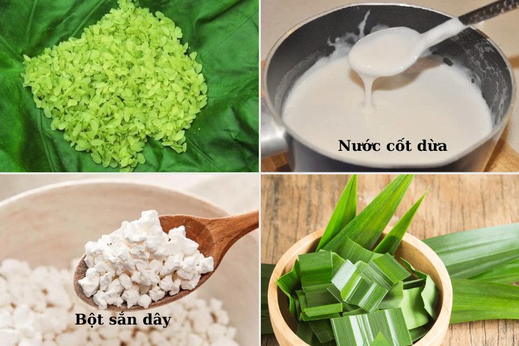 Mô tả hình ảnh các nguyên liệu cần thiết để nấu chè cốm khô, bao gồm cốm, nước cốt dừa, lá dứa