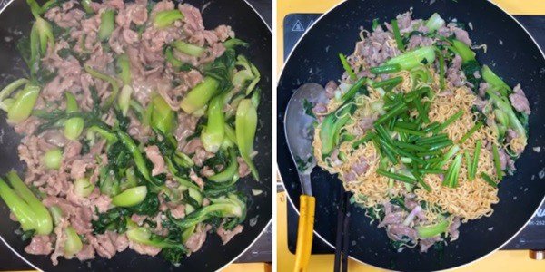 Món mì xào thịt bò rau cải đang được đảo đều trên chảo nóng với lửa lớn