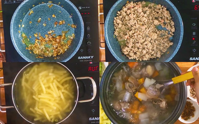 Món nui nấu giò heo đã hoàn thành với đầy đủ topping thịt băm và hành phi