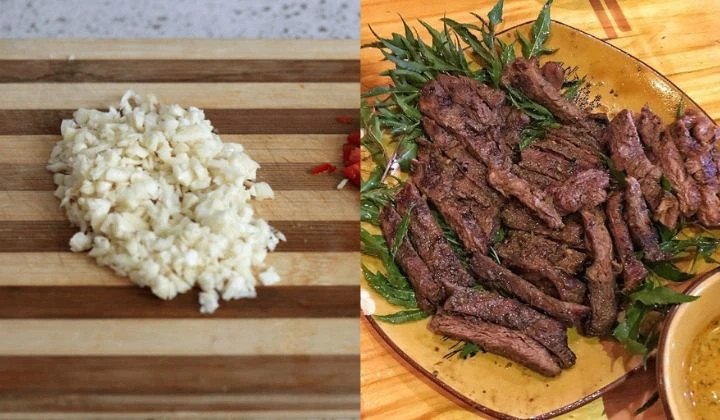 Món thịt ngựa xào rau răm thơm ngon, hấp dẫn trên đĩa ăn kèm cơm nóng.