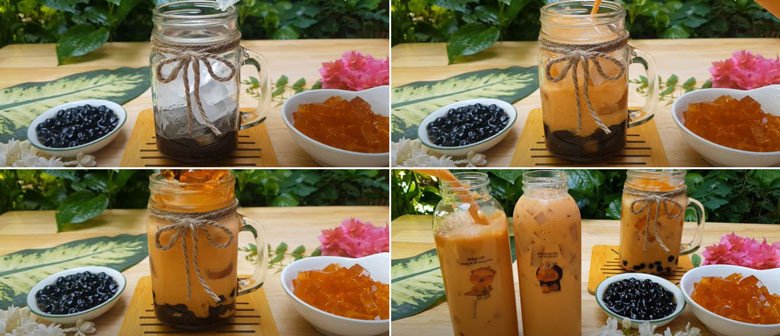 Một ly trà sữa thái đỏ tự làm hoàn chỉnh với trân châu và thạch rau câu, sẵn sàng để thưởng thức.