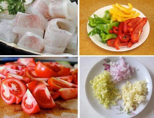 Mực đã thái miếng và các loại rau củ chuẩn bị xào