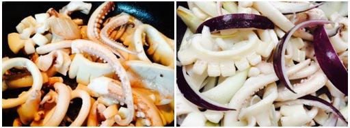 Mực và hành tây đang được xào trên chảo với lửa lớn