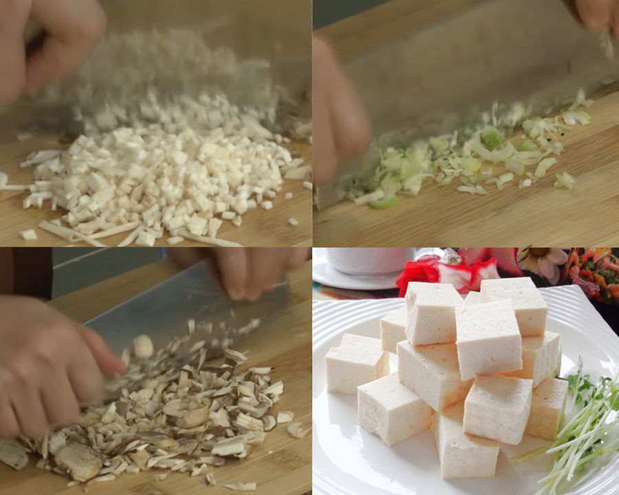 Nấm các loại được sơ chế và băm nhỏ cho món đậu Tứ Xuyên chay