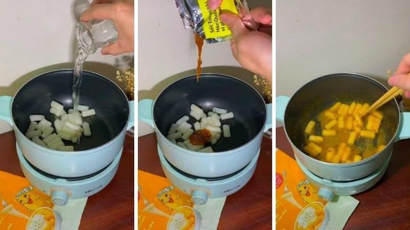 Nấu bánh gạo tokbokki phô mai đóng gói với nước sốt