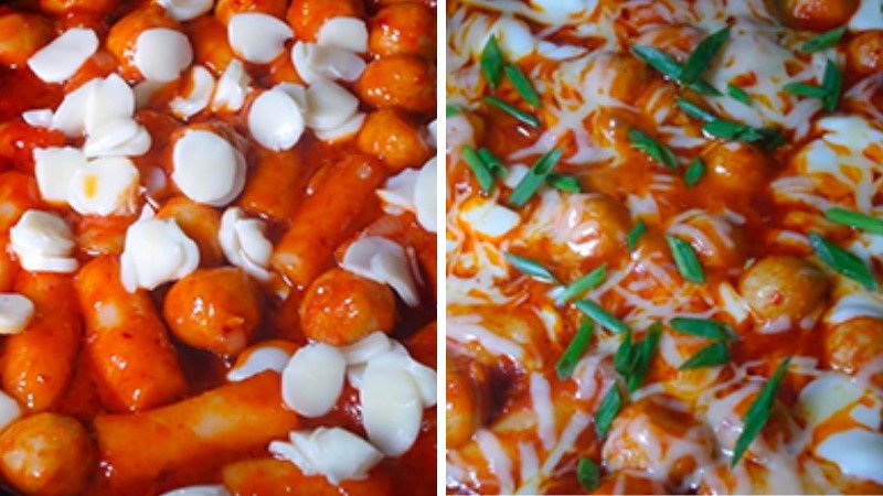 Nấu bánh gạo tokbokki phô mai trong chảo nóng