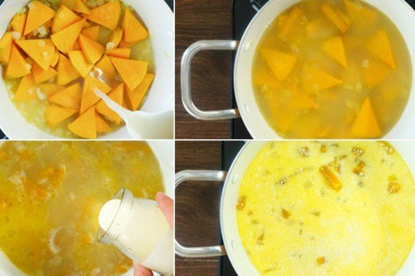 Nấu bí đỏ với nước dùng tôm và kem tươi