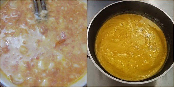 Nấu hỗn hợp bí đỏ, thịt, trứng cho chín