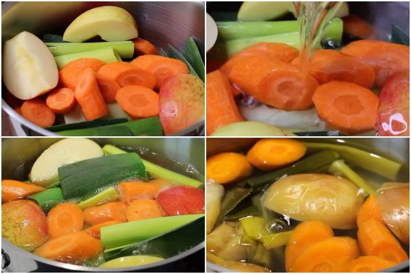 Nấu nước rau củ làm nước dùng mì quảng chay