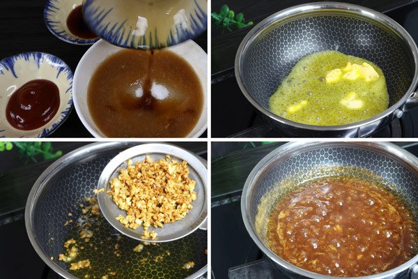 Nấu nước xốt me chua ngọt đến khi sánh mịn, thơm lừng mùi bơ và tỏi phi, sẵn sàng để xào trứng cút lộn.