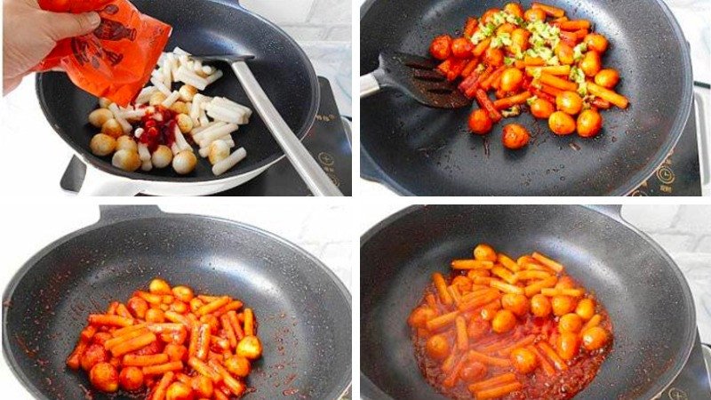 Nấu tokbokki cùng xúc xích và trứng cút trong nước sốt