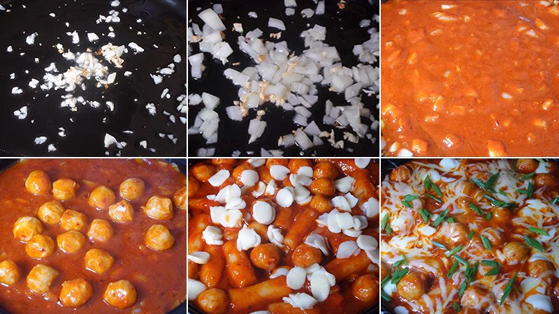 Nấu tokbokki phô mai với sốt cay và topping