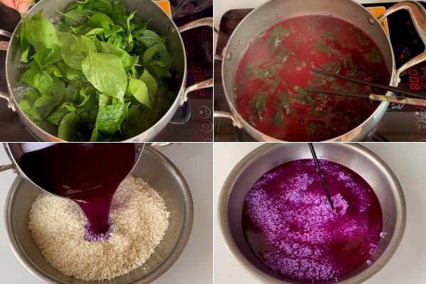Ngâm gạo nếp với nước lá cẩm đã được làm nguội