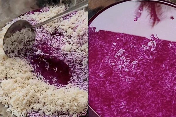 Ngâm gạo nếp với nước lá cẩm tạo màu tím tự nhiên