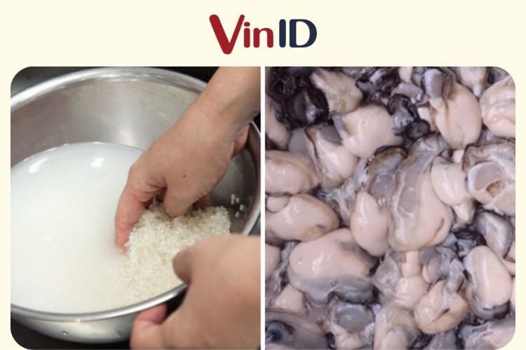 Ngâm gạo và sơ chế hàu nấm cho cháo hạt sen