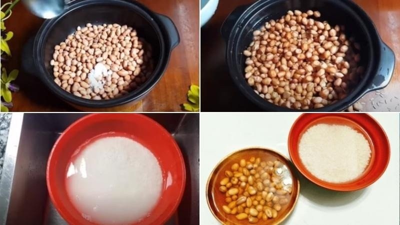 Ngâm nếp và đậu phộng qua đêm để chuẩn bị nấu xôi đậu phộng bằng nồi cơm điện