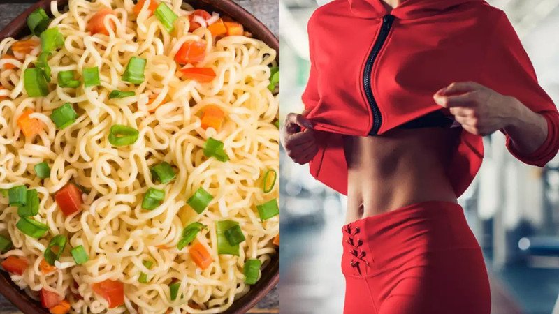 Người phụ nữ đang ôm bụng, có thể là dấu hiệu của việc khó tiêu hoặc các vấn đề tiêu hóa do ăn mì gói không đúng cách