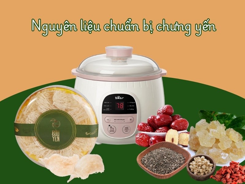 Nguyên liệu cần thiết để chuẩn bị món yến chưng bằng nồi nấu chậm tại nhà, bao gồm tổ yến và đường phèn