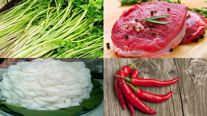 Nguyên liệu chính cho món bún tươi xào cần thịt bò gồm bún, thịt bò, rau cần và các gia vị khác
