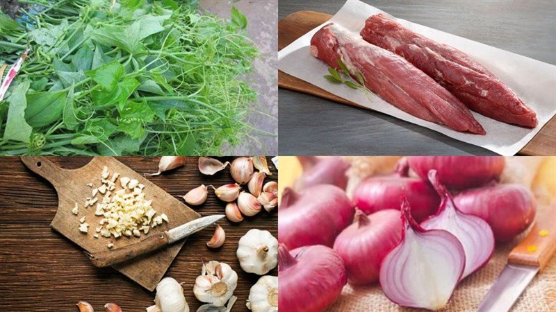 Nguyên liệu chính cho món ngọn su su xào thịt heo gồm ngọn su su tươi và thịt thăn heo