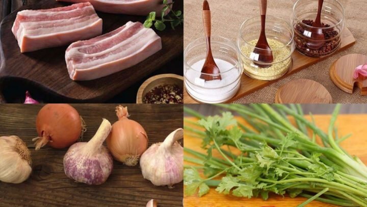 Nguyên liệu chính cho món thịt rim mặn ngọt, bao gồm thịt ba chỉ tươi, hành tím, tỏi, ớt và các gia vị cơ bản