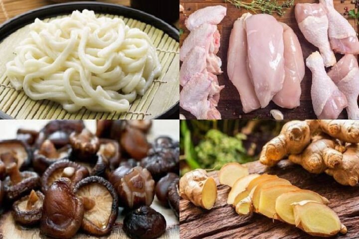 Nguyên liệu chính chuẩn bị cho món mì gà nấu nấm