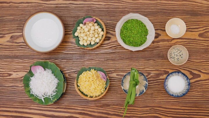Nguyên liệu chính chuẩn bị cho món xôi cốm hạt sen dẻo bùi