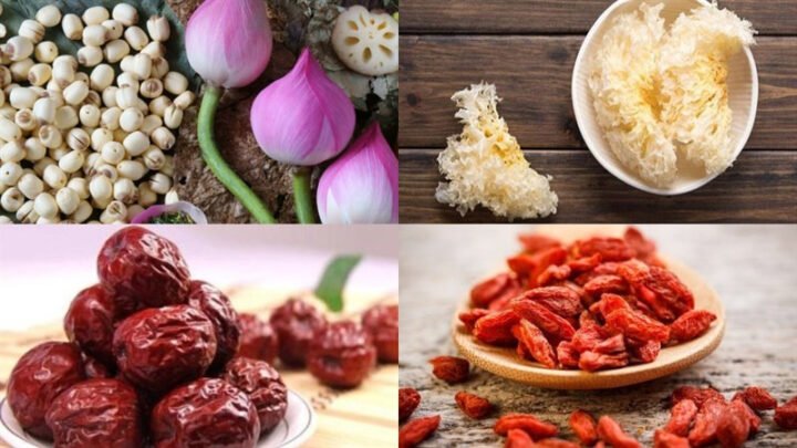 Nguyên liệu chính làm chè nấm tuyết như hạt sen, nấm tuyết, táo đỏ