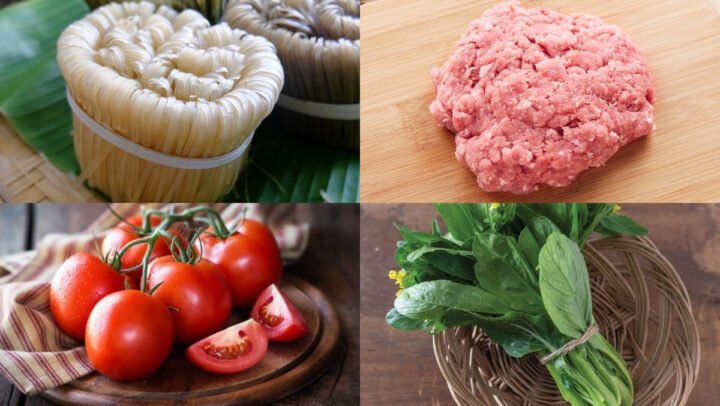 Nguyên liệu cho món mì gạo cà chua thịt băm