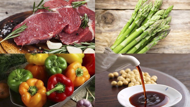 Nguyên liệu cho món thịt bò xào măng tây và ớt chuông
