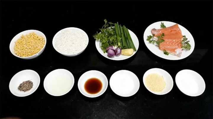 Nguyên liệu chuẩn bị cách nấu cháo cá hồi không tanh